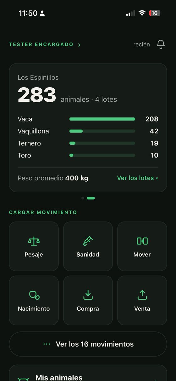 La app: cargar movimiento — pesaje, sanidad, mover, nacimiento, compra o venta