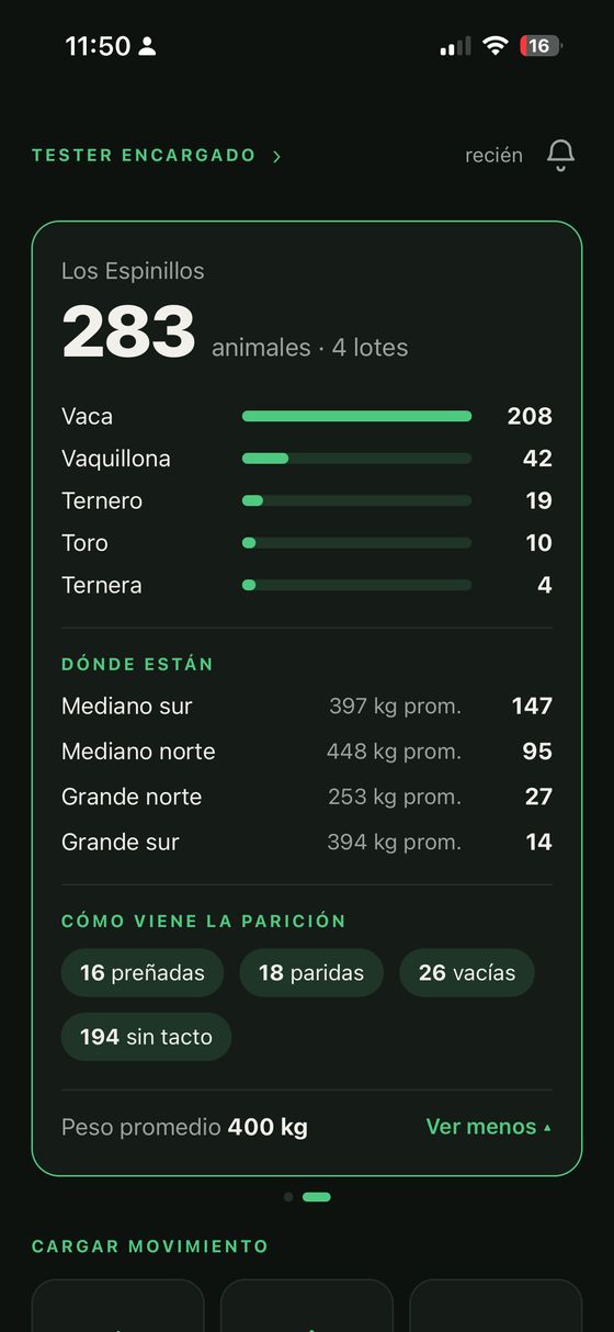 La app en el celular: el resumen del campo con stock por categoría, dónde está la hacienda y cómo viene la parición